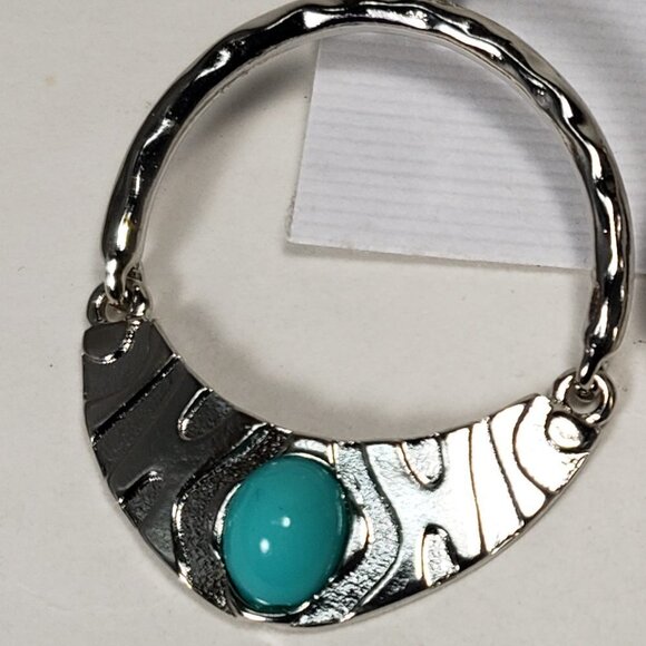 Textured Silver-Tone Hoop Drop Earrings w/ Turquoise Stone – Boho Dangle Jewelry - Picture 4 of 7